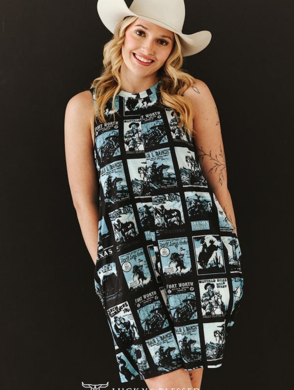 Black and Turquoise Western Print Sleeveless Dress